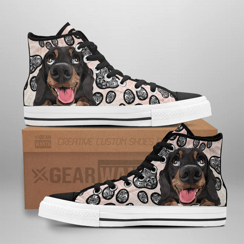 Dachshund High Top Shoes Custom Black And White Mandala Grabiiva