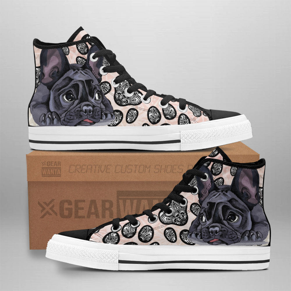 French Bulldog High Top Shoes Custom Black And White Mandala Grabiiva