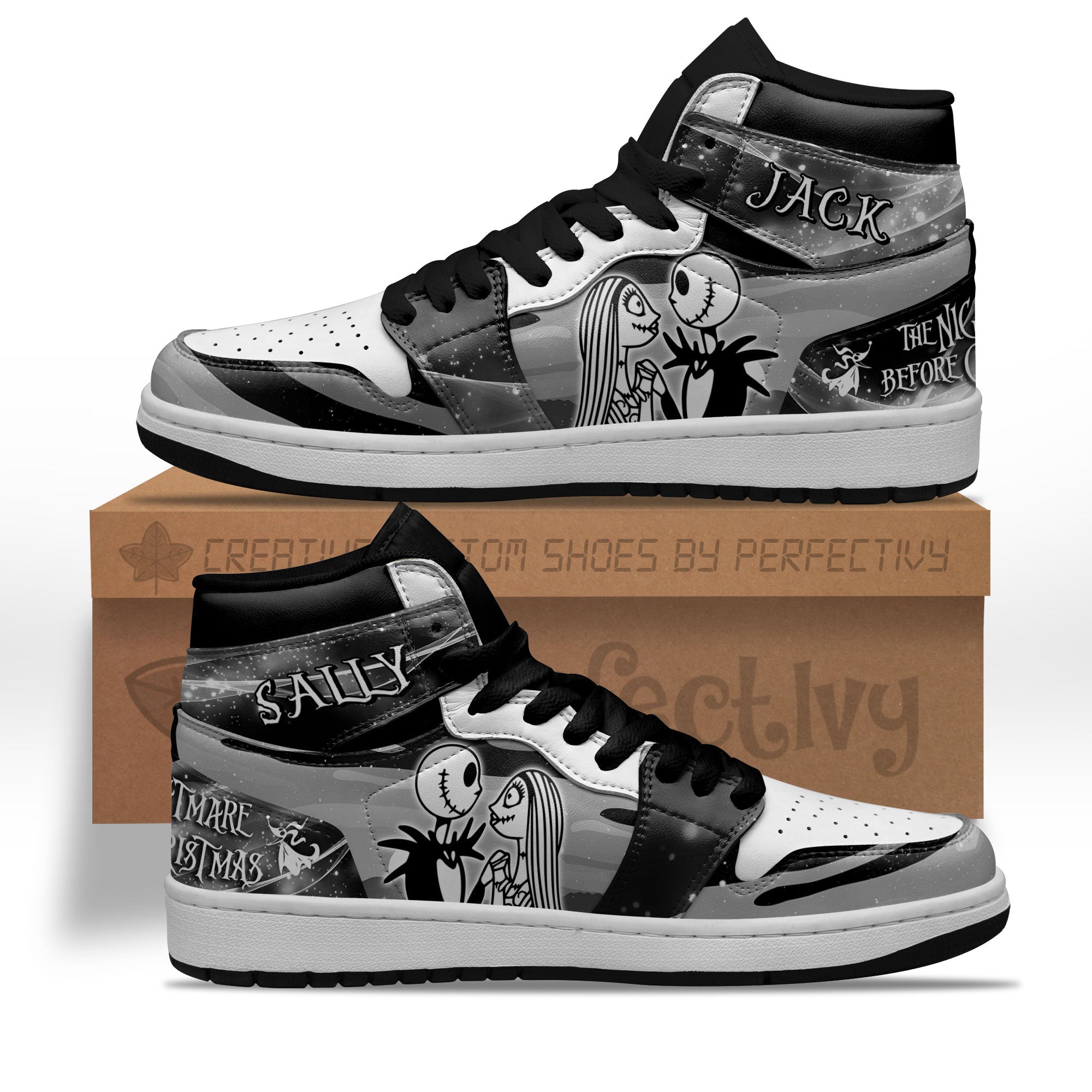 Jack and Sally Characters Silhouette J1s Sneakers Custom PT10  Grabiiva