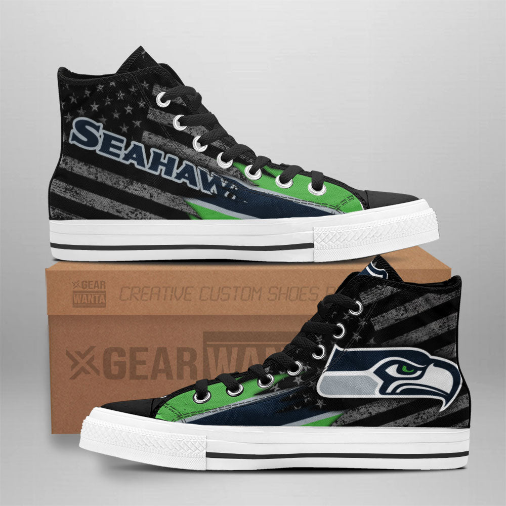 Seattle Seahawks High Top Shoes Custom American Flag Sneakers Grabiiva